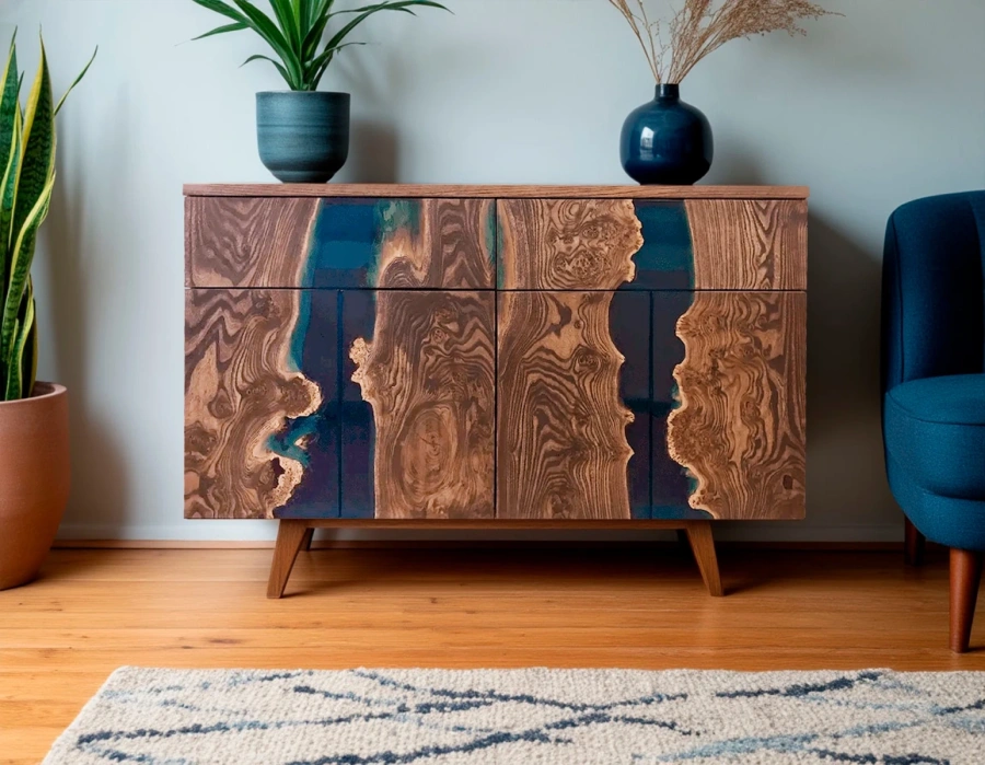 тумба из массива карагача с эпоксидной смолой вид спереди