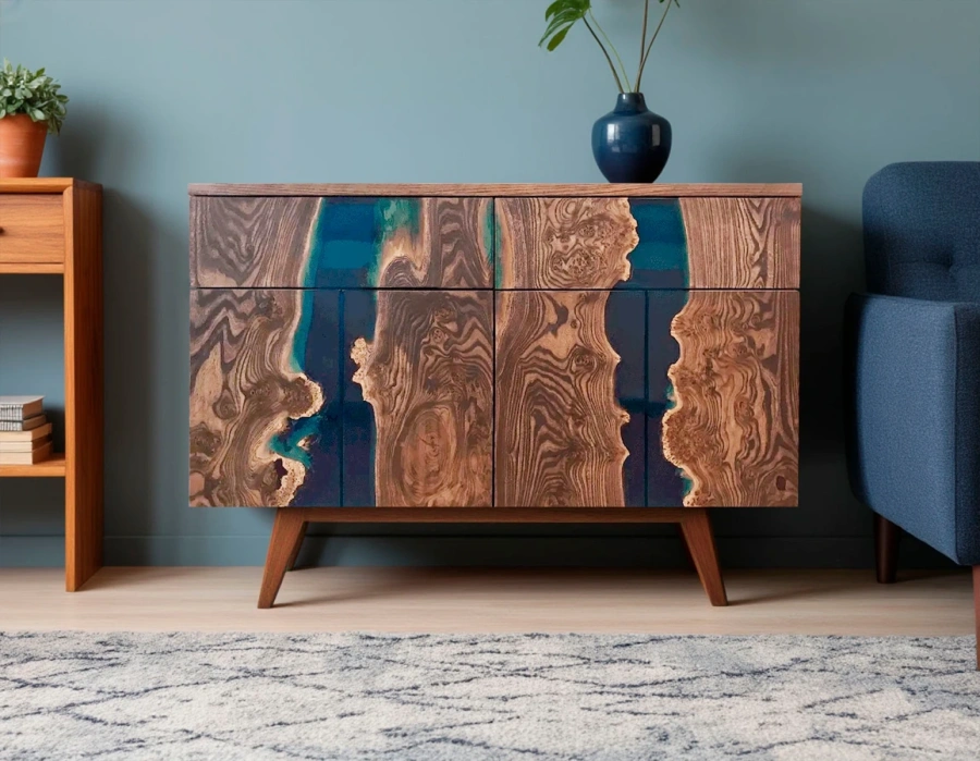Комод эпоксидная смола создает эффект голубой реки в темно-синих оттенках на срезе дерева