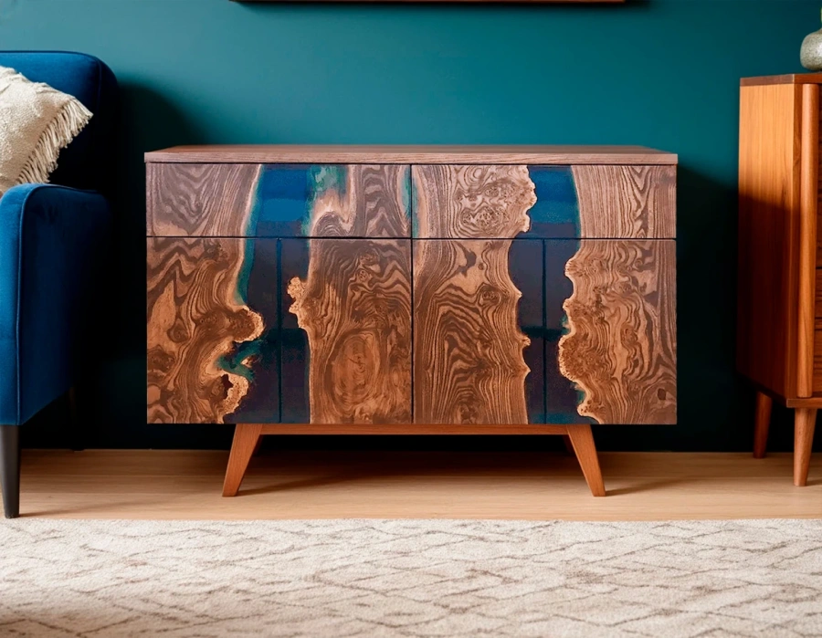 Тумба из карагача с эпоксидной смолой в спальне Мид-сенчури с бирюзовой стеной