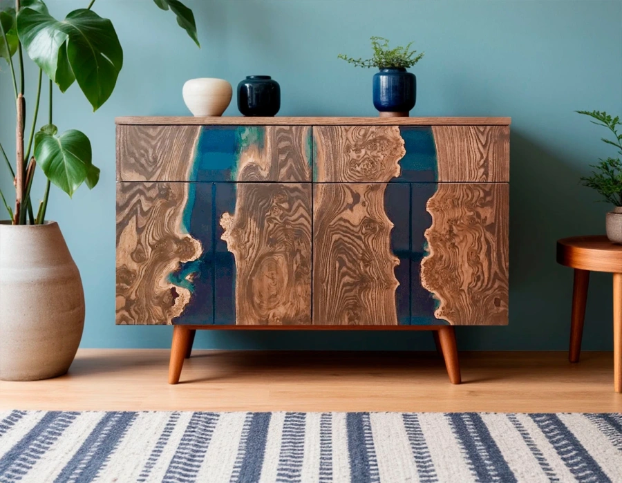 Тумба комод из массива дерева с наклонными ножками из карагача для визуальной легкости. в стиле mid-century
