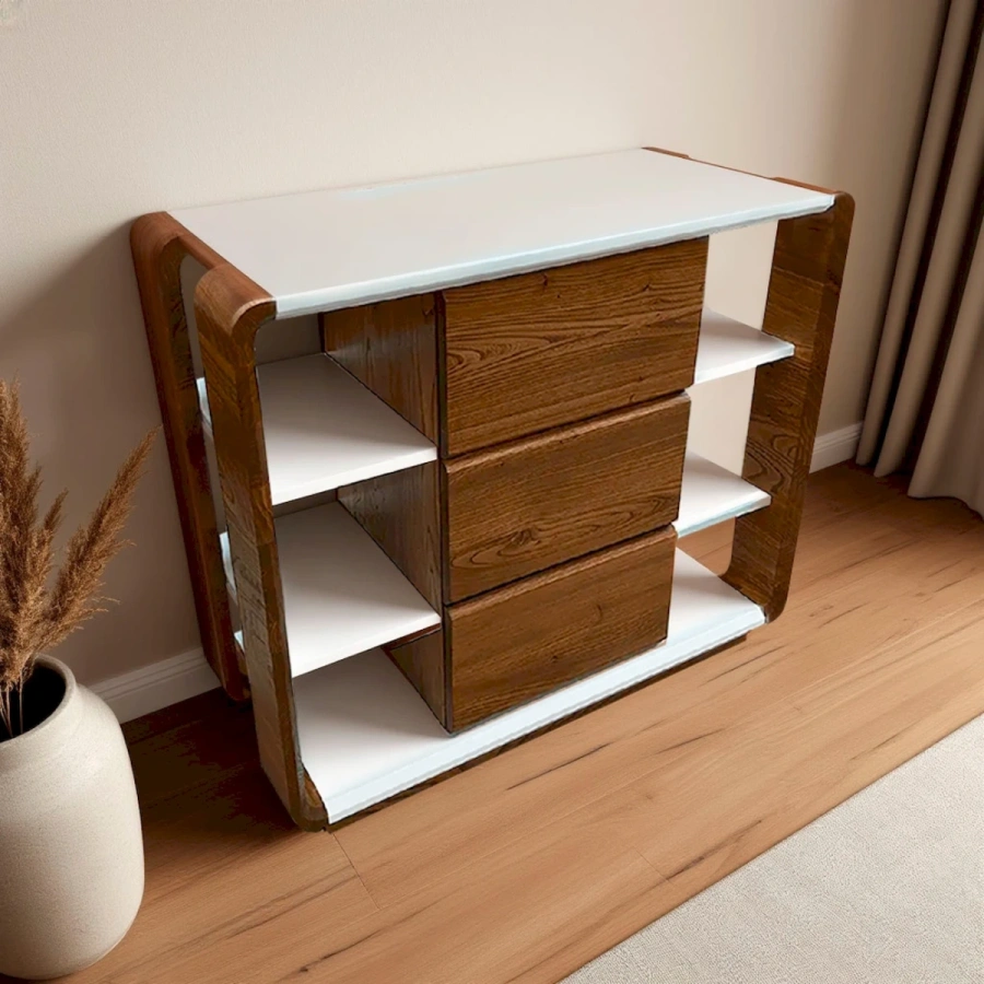 Оригинальный комод из массива карагача с белыми полками, 3 ящика и открытые полки