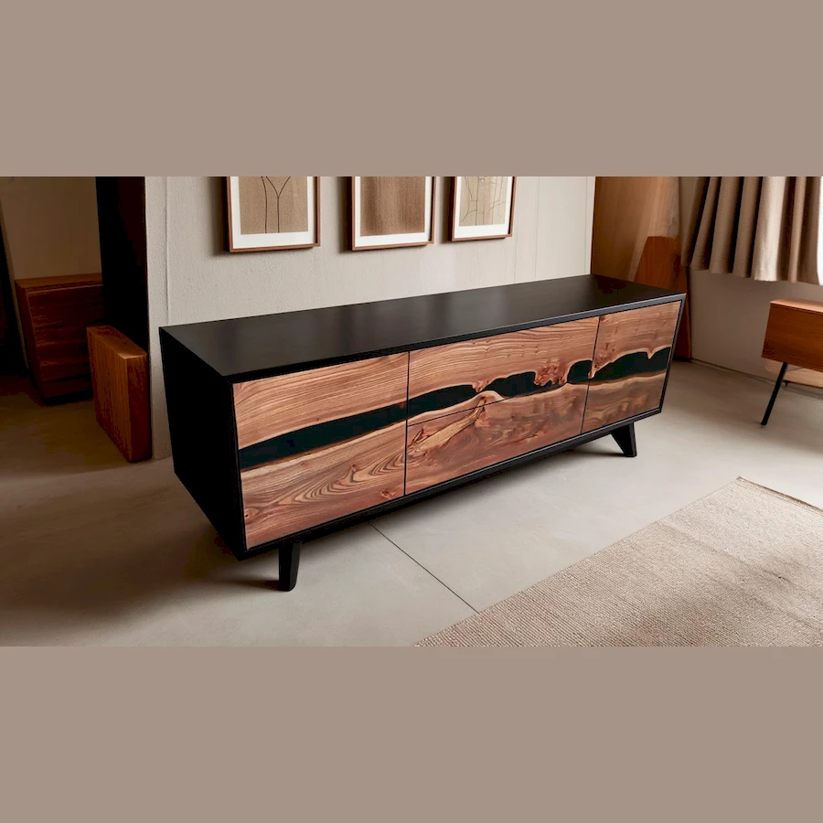 Тумба под ТВ из слэба карагача в современном интерьере гостиной, сочетание дерева и черной эпоксидки