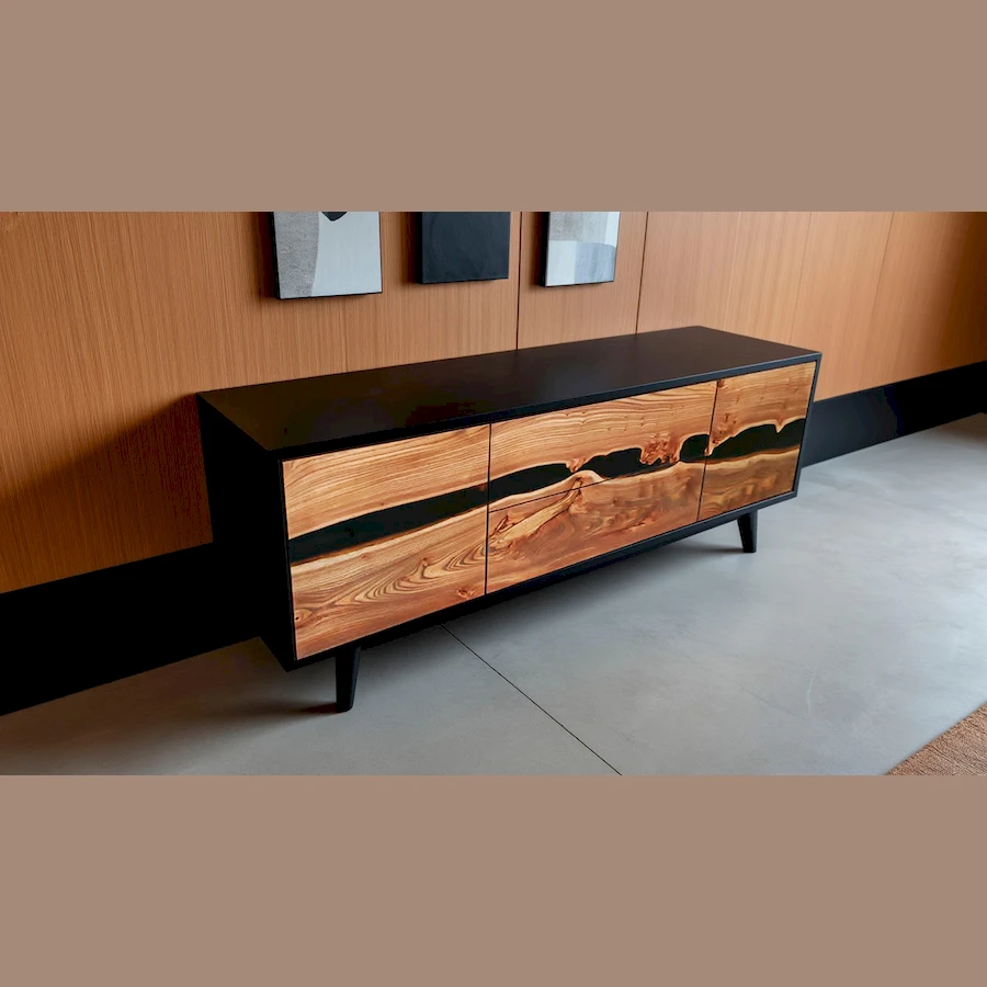 Эксклюзивная черная тумба под телевизор из массива карагача с рекой из эпоксидной смолы