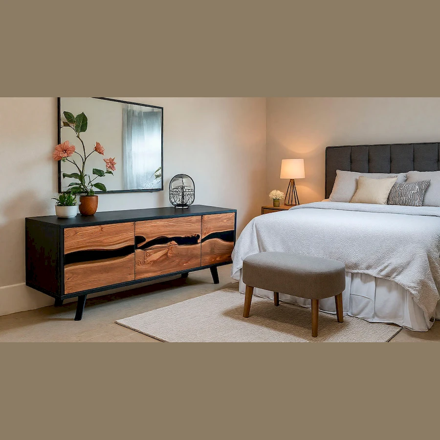 Тумба под телевизор из слэба с эпоксидной смолой в интерьере спальни Mid-century 