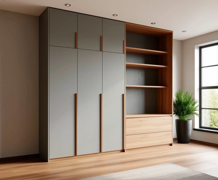 Система хранения шкафа в гостиную: глубокие секции, ящики из массива и открытые полки