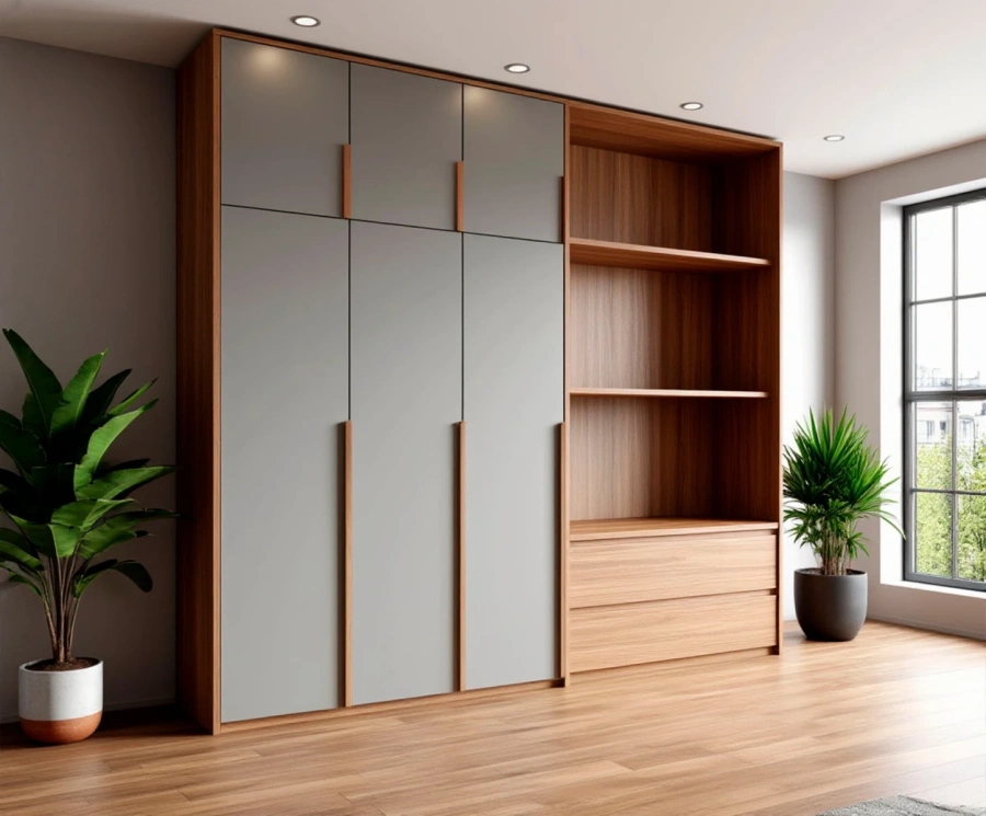  Светлый шкаф в гостиную в скандинавском стиле с эмалированными фасадами и шпонированными ящиками интегрированной тумбы