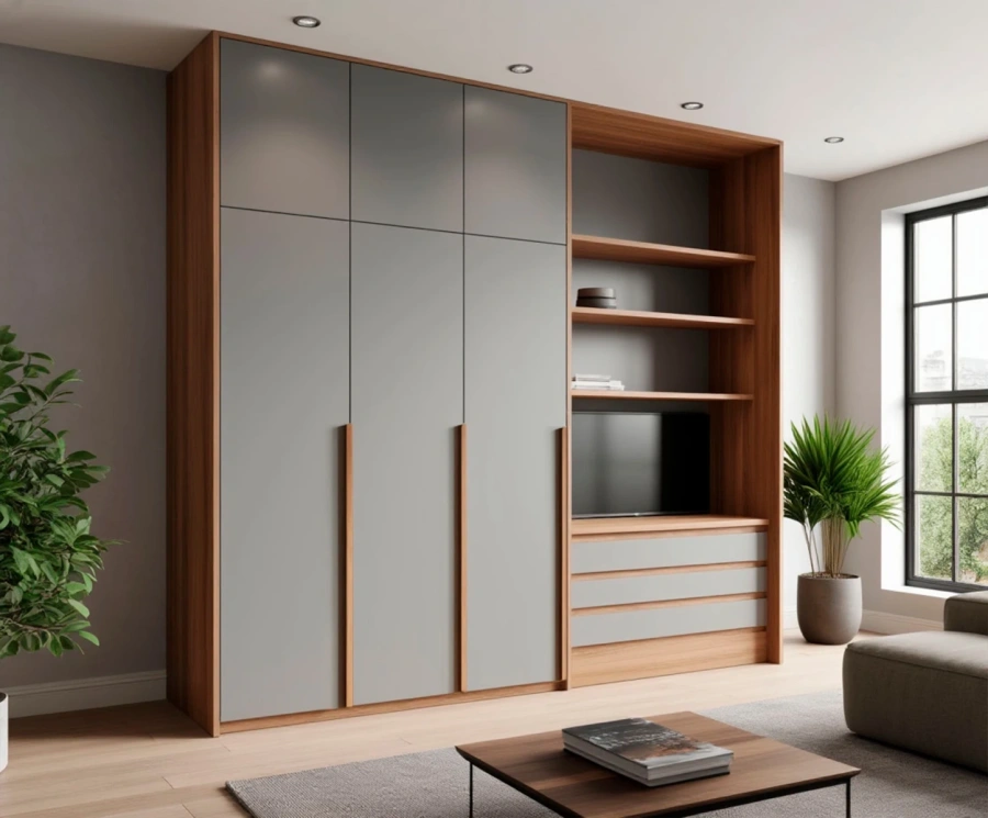 Шкаф на заказ из крашеного МДФ с интегрированной тумбой в интерьере светлой гостиной в стиле light luxury