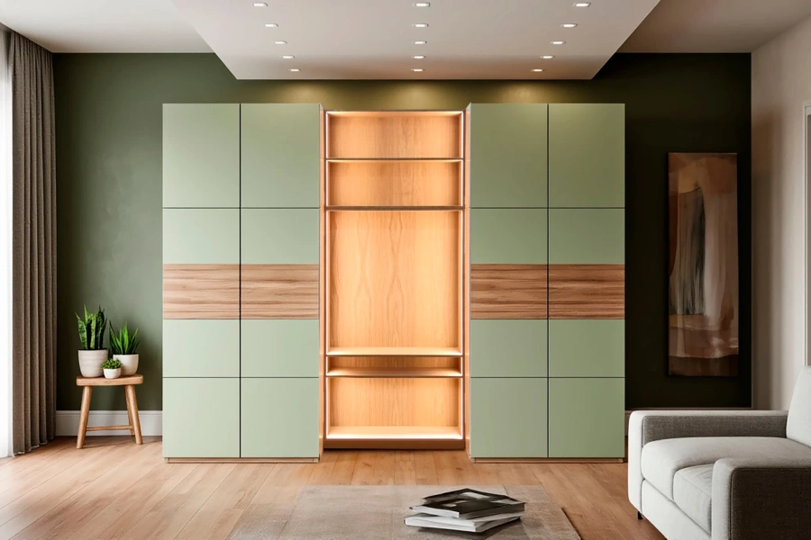 Контраст текстур массива дерева и гладкого фасада МДФ в дизайне современного шкафа