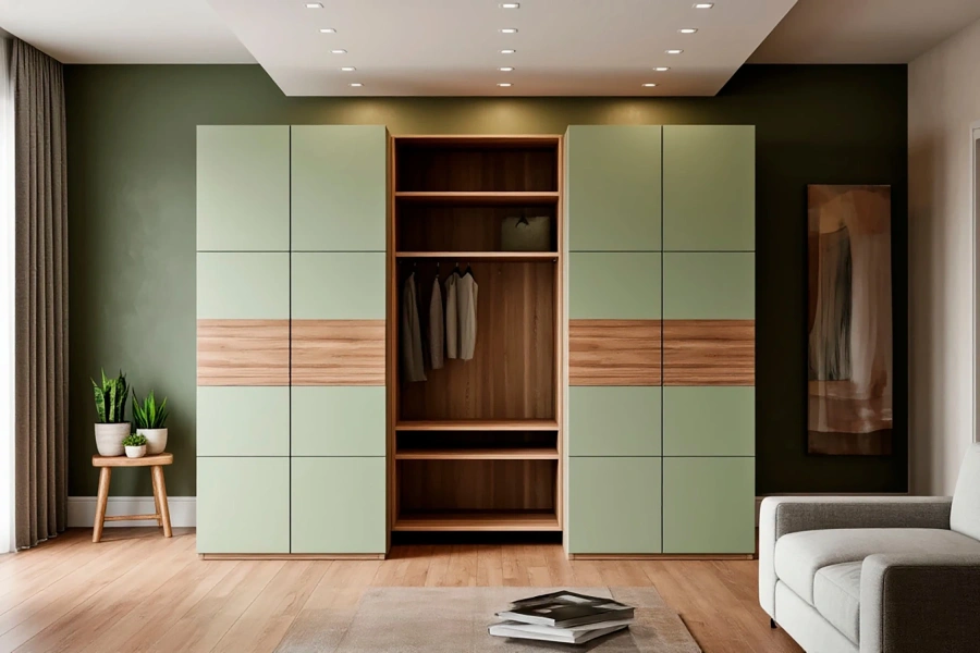  Шкаф для одежды из массива дерева в интерьере светлой гостиной, стиль scandinavian