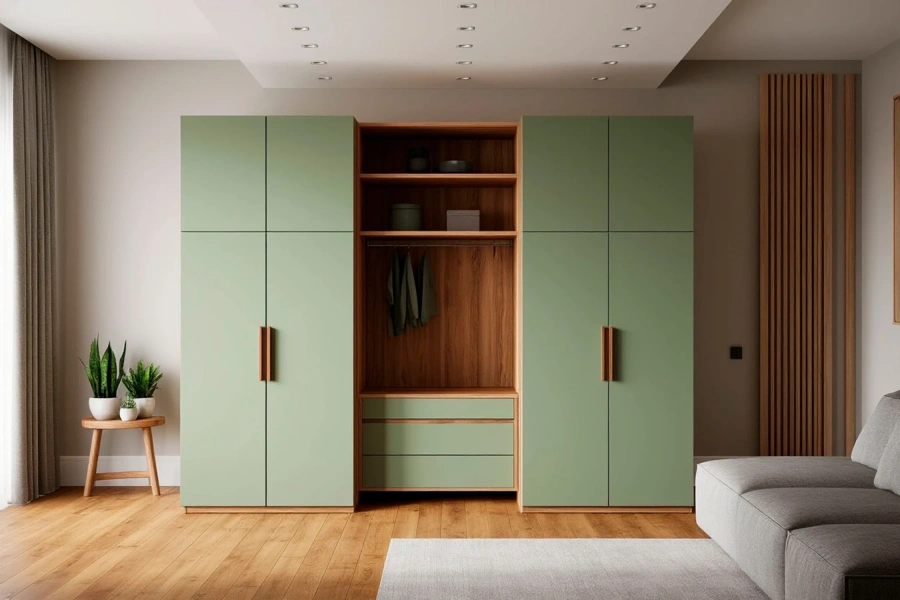 Вместительные выдвижные ящики из натурального дерева в индивидуальном гардеробном шкафу