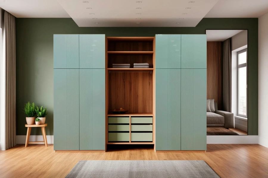 Индивидуальный платяной шкаф в спальню из массива и МДФ, дизайн в стиле minimalism, светлый мятный цвет