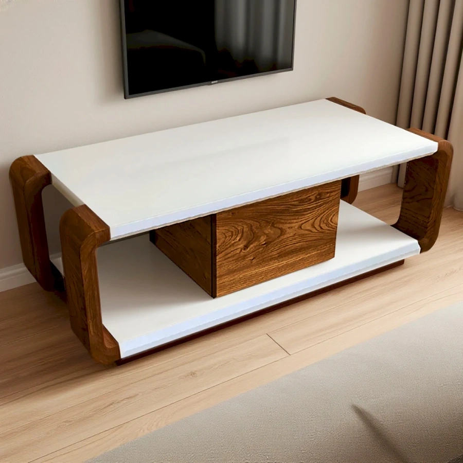 Современный деревянный комод под телевизор белого цвета с выдвижным ящиком в интерьере гостиной