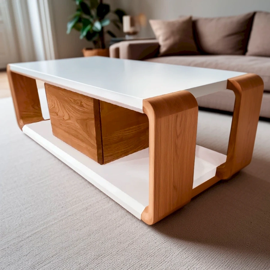 Авторский комод из карагача в современной гостиной с диваном и ковром