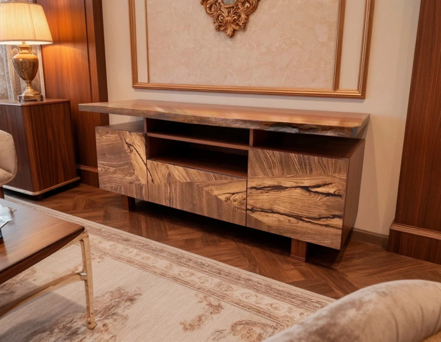 Удлиненная тумба под телевизор из горного вяза в спальне в стиле неоклассика с элементами оформления из золота