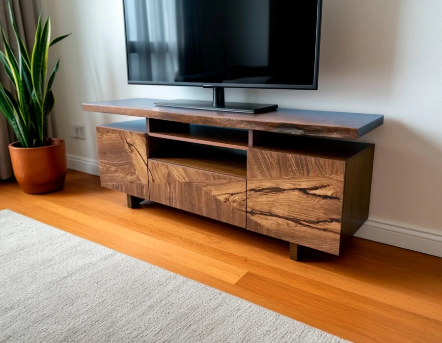 Авторская тумба под ТВ из массива карагача с фасадами из слэба