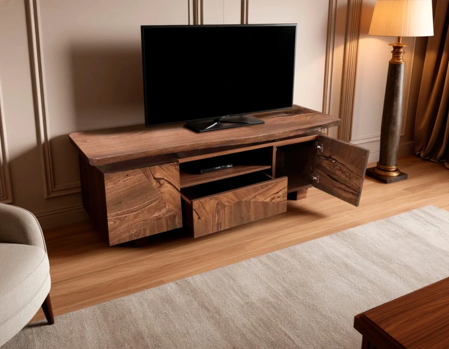 Открытая ниша для техники и выдвижной ящик для пультов в тумбе из дерева