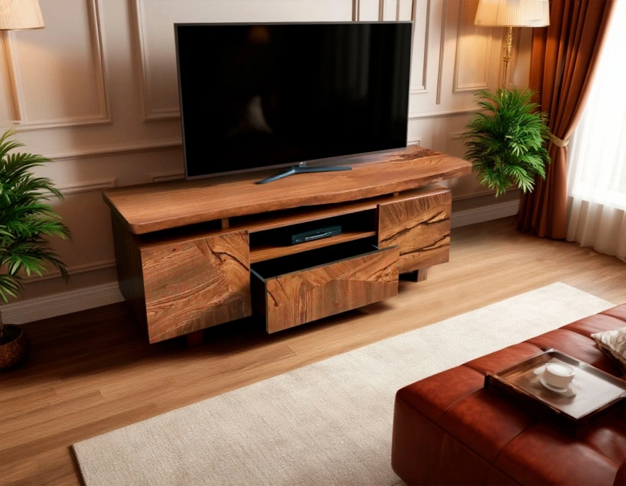 Тумба под ТВ из массива горного вяза вид спереди в интерьере гостиной с открытым ящиком