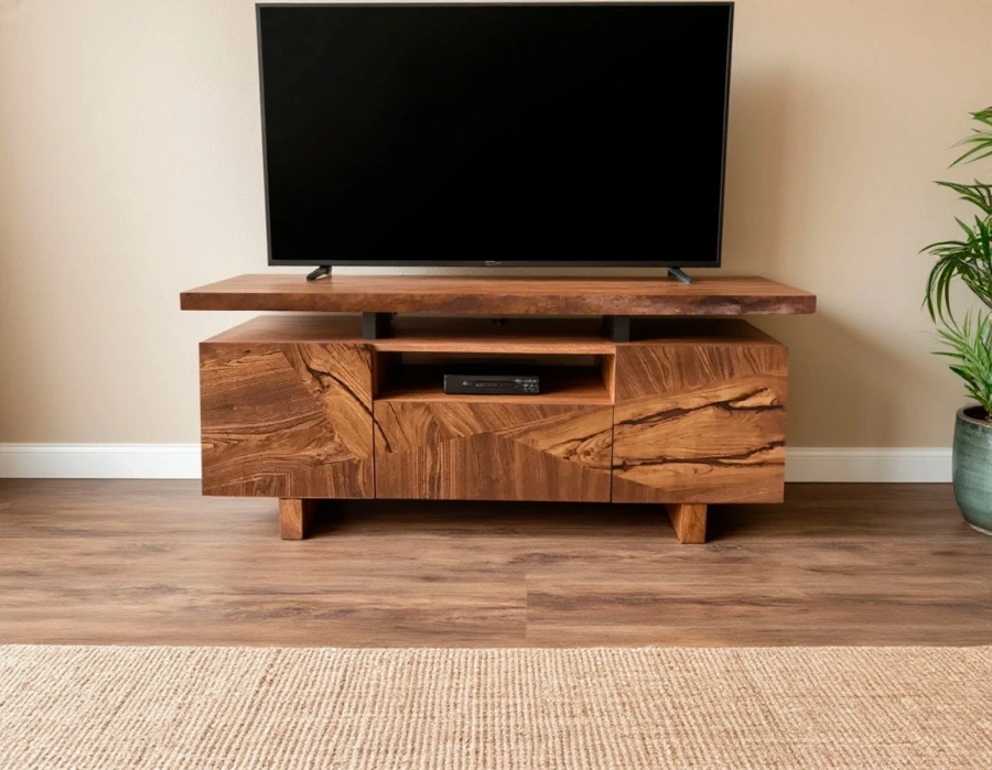 Пример размещения авторской тумбы под телевизор в современном интерьере