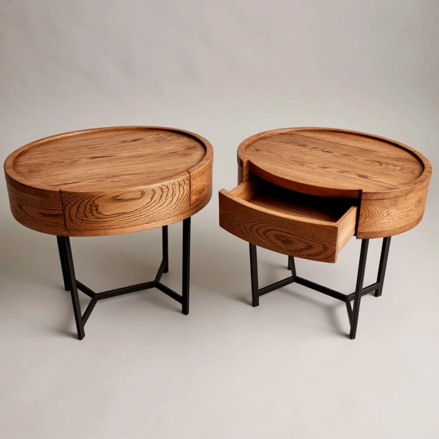 Комплект круглых тумб-столиков из массива горного вяза  с выдвижным ящиком, вид сверху, натуральная текстура дерева