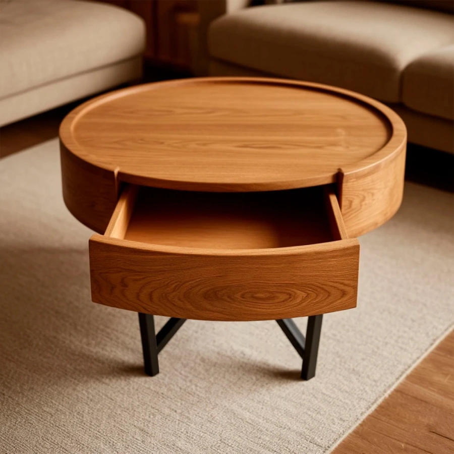 журнальные столики с из массива горного вяза с выдвижным ящиком с фурнитурой Blum в гостиной у дивана