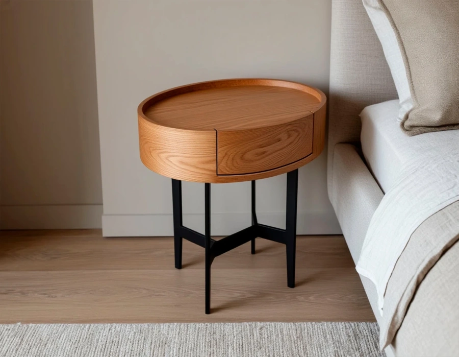 Прикроватная тумба с корпусом 150 мм из массива вяза с черным металлическим основанием