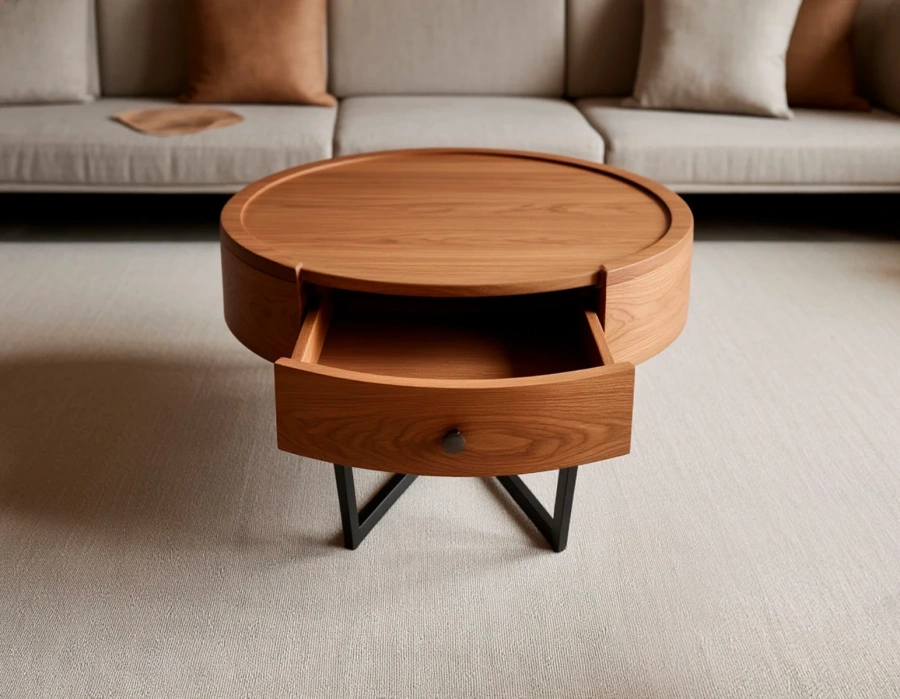 Круглые журнальные столики из дерева с геометрической металлической рамой в гостиной в современном минималистическом стиле