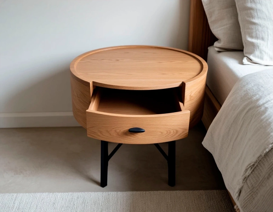 Круглая прикроватная тумба из массива горного вяза с выдвижным ящиком с фурнитурой Blum в спальне у кровати