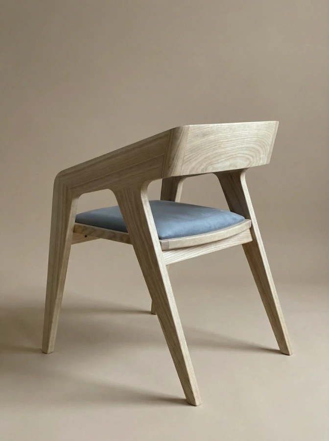 Деревянный стул в стиле мид-сенчури модерн, светлое дерево, серая обивка - вид сзади