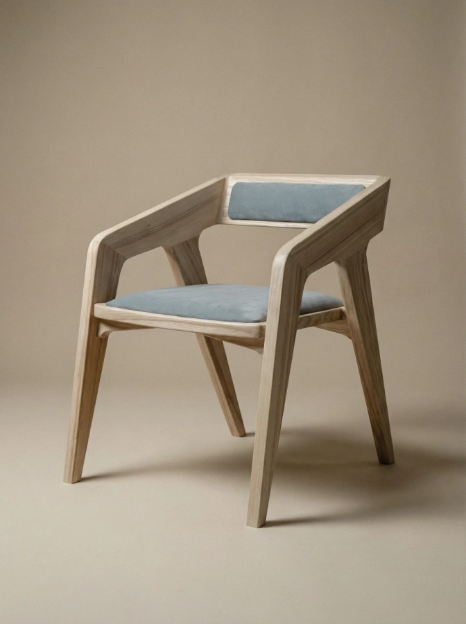 Деревянный стул в стиле мид-сенчури модерн, светлое дерево, серая обивка, анфас