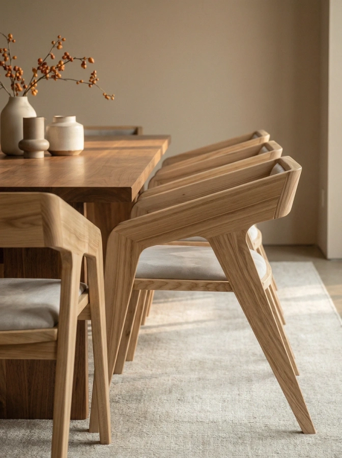 Четыре одинаковых стула из массива дерева вокруг деревянного стола в ресторане