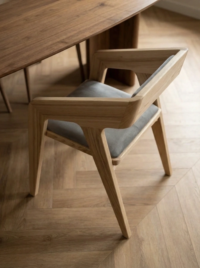 Деревянный стул у обеденного стола сочетание mid-century modern и минимализма