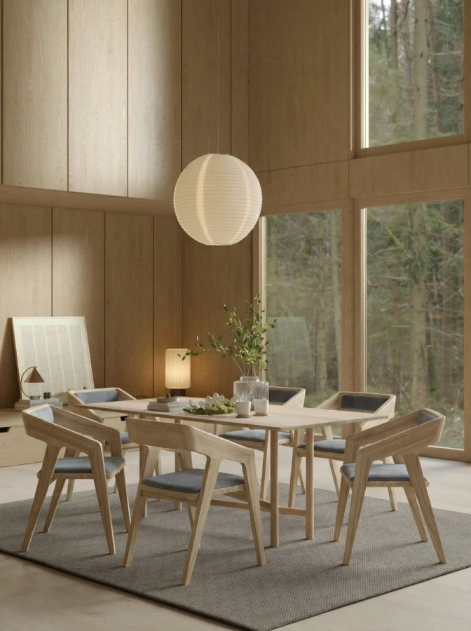 Гарнитур из шести одинаковых стульев из массива дерева вокруг большого обеденного деревянного стола