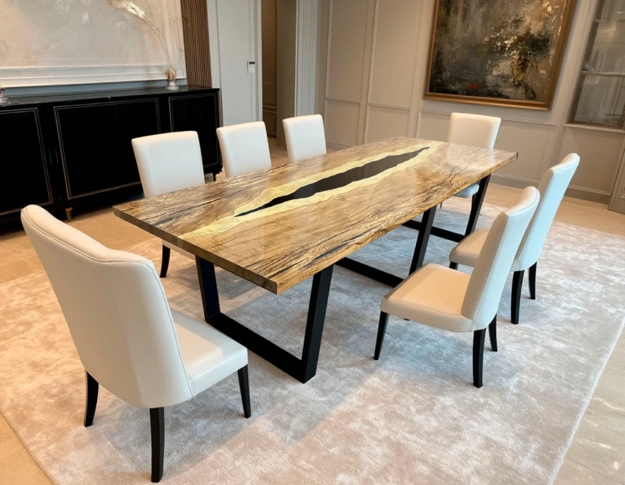Стол из ясеня с эпоксидной смолой как центральный элемент обеденной зоны белого цвета с белыми стульями