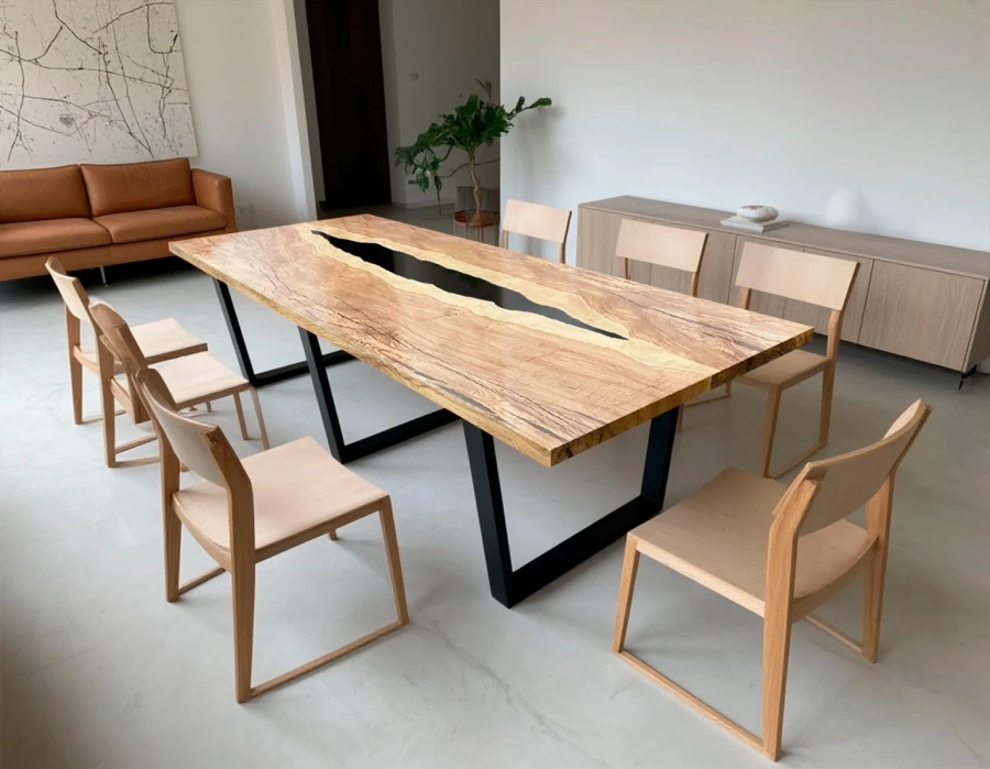 Стол из слэба ясеня длиной 190 см с черной эпоксидной смолой в переговорной в скандинавском стиле