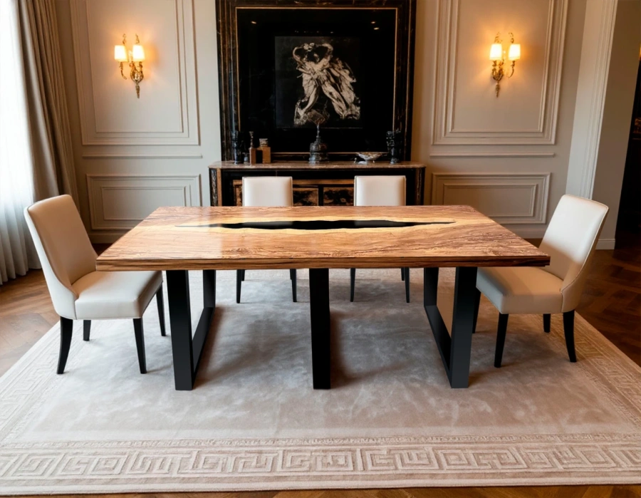 Стол из дерева и смолы в интерьере стиля неоклассика на фоне камина