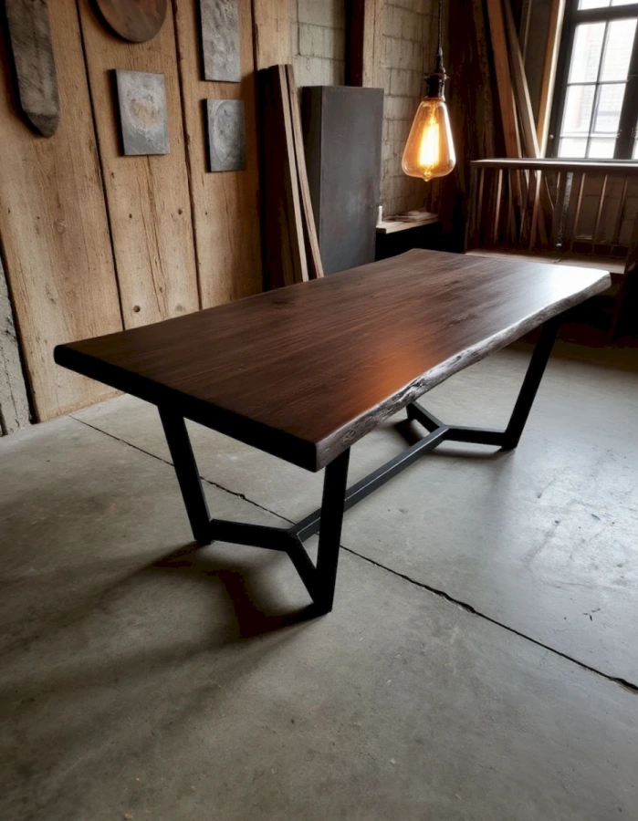Деревянный стол в стиле лофт с массивной столешницей из карагача толщиной 40 мм с природной текстурой  на сварных металлических ножках черного цвета
