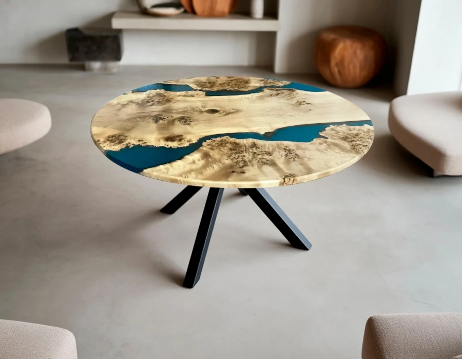 Эксклюзивный круглый обеденный стол с голубой эпоксидной смолой эффект реки в современной столовой