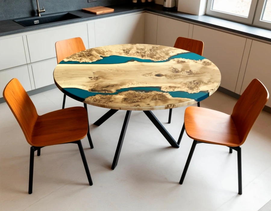 Обеденный стол Poplar из из массива тополя и смолы в белой светлой кухне современного стиля id-1252.333