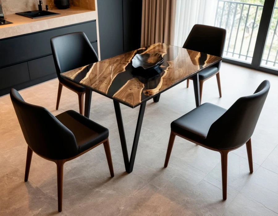 Обеденный стол из карагача с эпоксидной смолой в интерьере современной кухни в минималистическом стиле