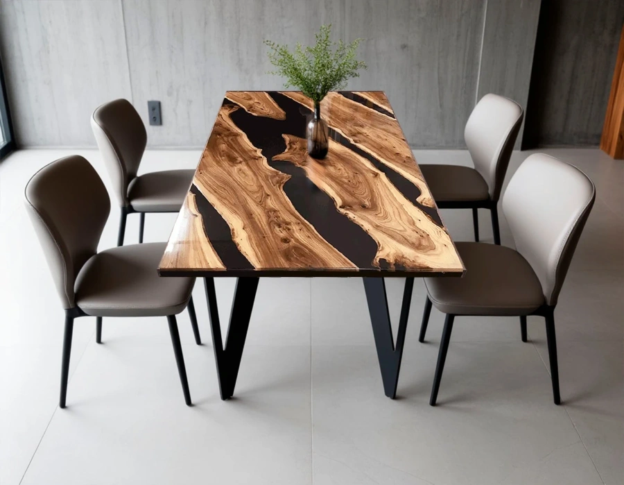 Стол из карагача и эпоксидной смолы в индустриальном интерьере лофт с бетонной стеной