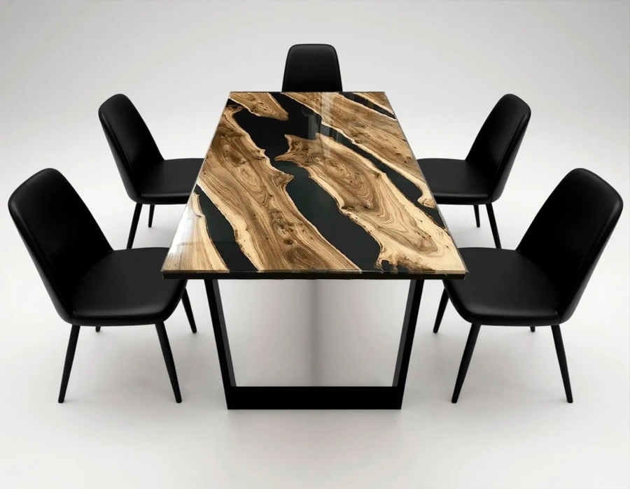 Стильный контрастный дизайн - обеденный стол из светлых ламелей карагача, залитых черной эпоксидной смолой