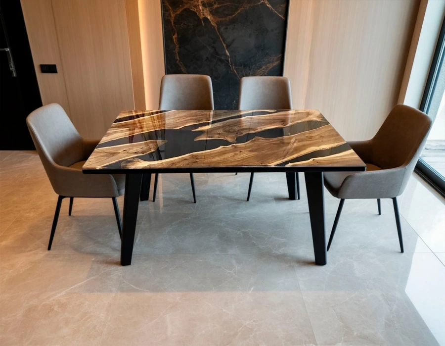 Прямоугольный обеденный стол из карагача и эпоксидной смолы, рассчитанный на 6 человек, в современной столовой зоне в стиле Ар-Деко