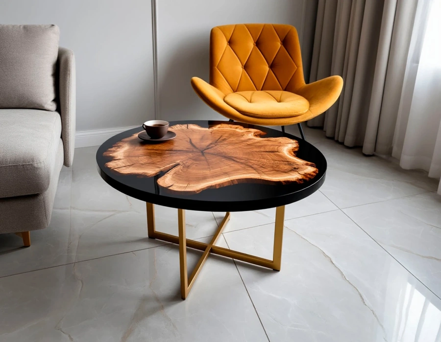 овальные журнальные столы из слэба дерева с эпоксидной смолой разных оттенков Art.1252.358