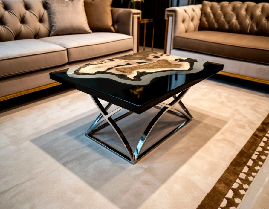 Эксклюзивный журнальный стол из горного вяза и эпоксидной смолы в интерьере гостиной