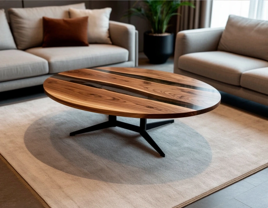 Овальный журнальный стол Forest river из светлого массива вяза с голубой эпоксидной смолой на металлических ножках в интерьере гостиной. id.1252-362-22