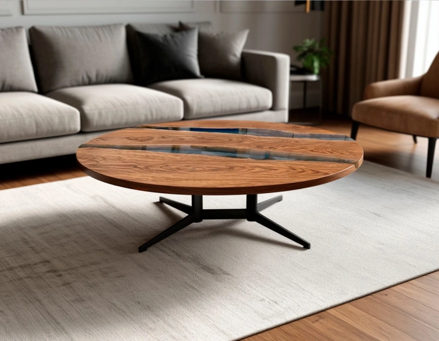 Светлый деревянный стол с голубой смолой в интерьере гостиной мид-сенчури модерн с серым диваном и пледом