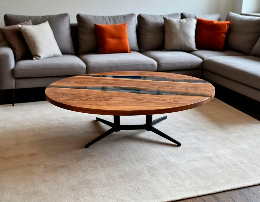 Стол из вяза и смолы стоит на ковре в гостиной на фоне дивана id.1252-362-62