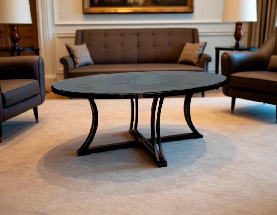 Овальный черный стол из спила клёна и темной смолы в светлом интерьере Неоклассика