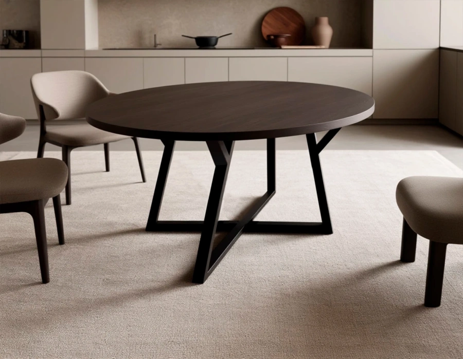 Черный овальный обеденный стол из массива вяза темнокоричневым оттенком с геометрическими ножками в современной гостиной