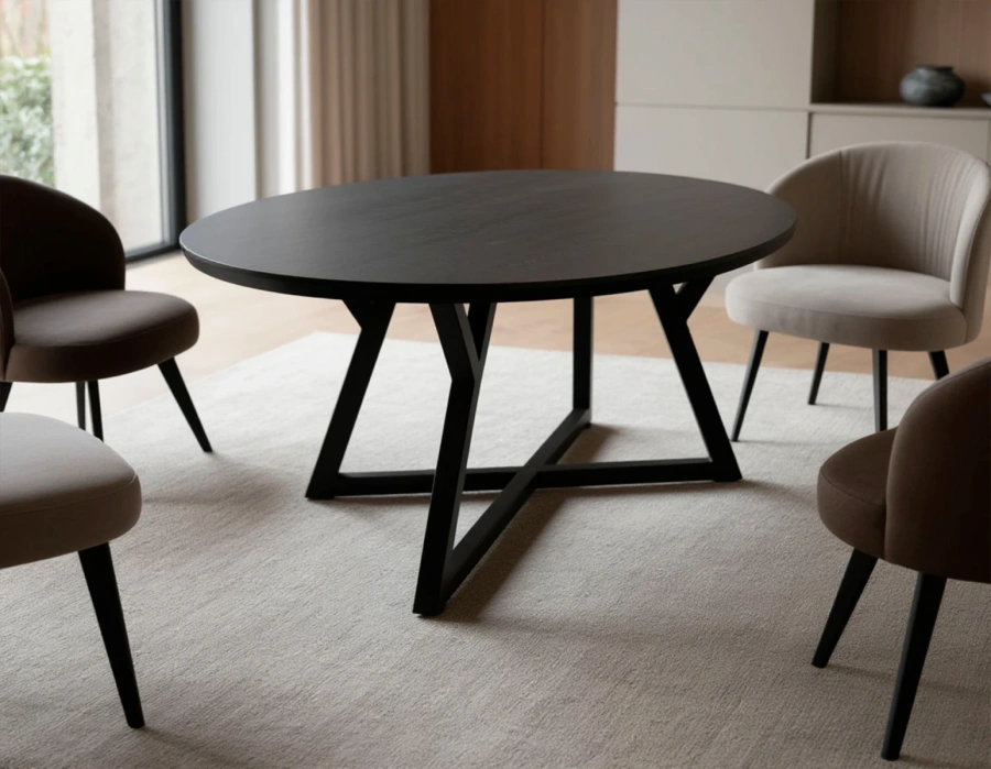 Овальный черный стол из массива вяза в комплекте с сягкими стульями на деревянных ножках в стиле Мид сенчури